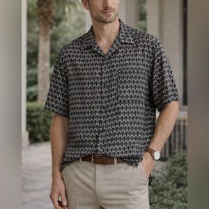 6A 100% Silk Geometric Button Front Camp Shirt Men’s Size L Black Ivory